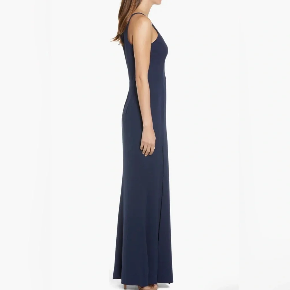 Dress the Population Wedding Guest Bridesmaid Dress Iris Slit Crepe Gown Navy